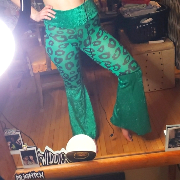 Leopard Print Velour Turquoise/Emerald Festival Dance Burning Man Rave Pants - Picture 3 of 9